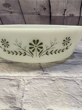 Vintage Glasbake Casserole Vegetable Oven Serving Dish Green Daisies